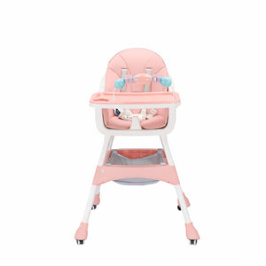 Pink Baby Feeding High Chair Front View with Cushioned Seat Feeding Tray and Safety Harness