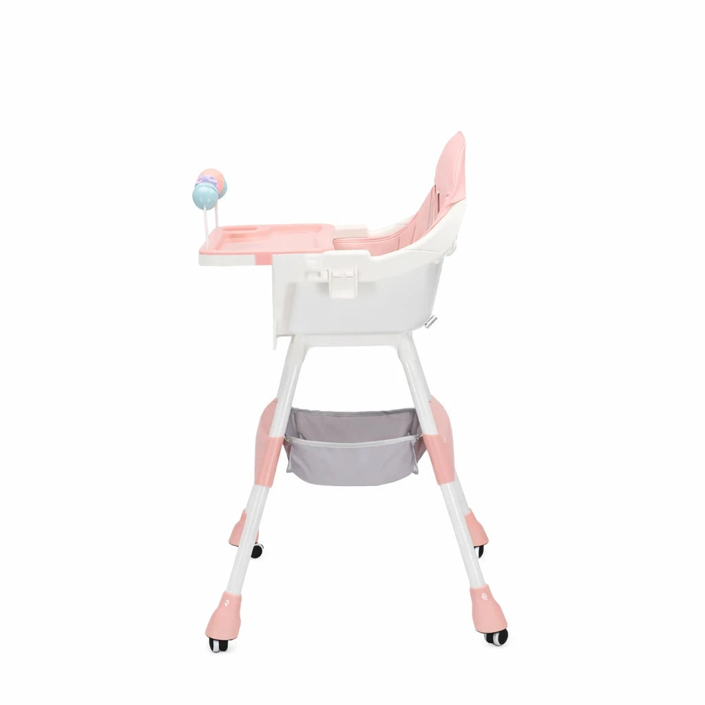 Pink Adjustable Baby High Chair Side View Showing Strong Frame Feeding Tray and Comfortable Seat