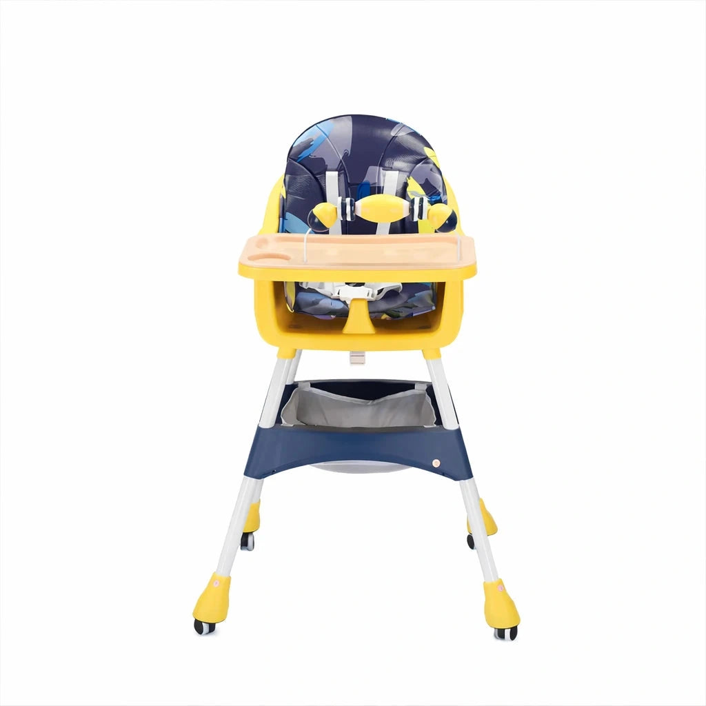 Yellow Baby High Chair Front View with Toy Bar Feeding Tray Safety Harness and Storage Basket