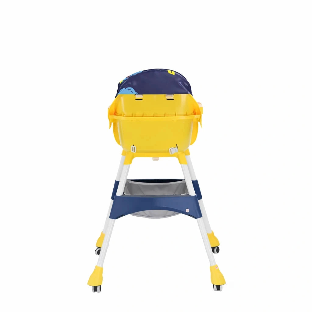 Yellow Adjustable Baby High Chair Rear View Showing Stable Frame and Adjustable Seat Design