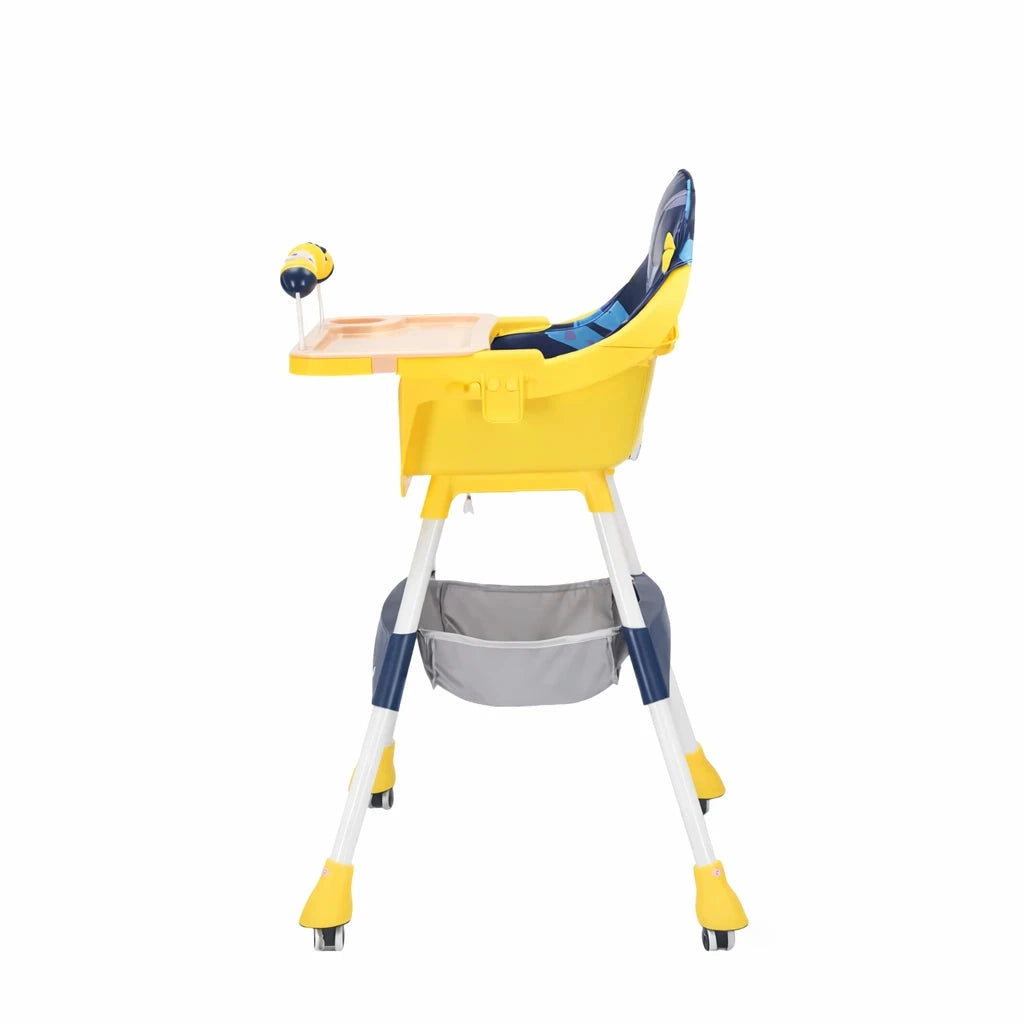 Yellow Baby Feeding High Chair Side View with Adjustable Height Strong Steel Legs and Removable Tray