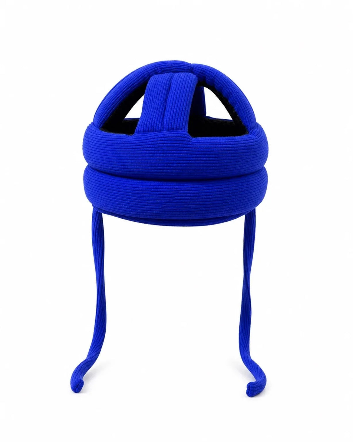 Blue baby head safety helmet front view with secure chin straps