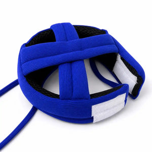 Blue soft protective baby head helmet side view showing adjustable straps