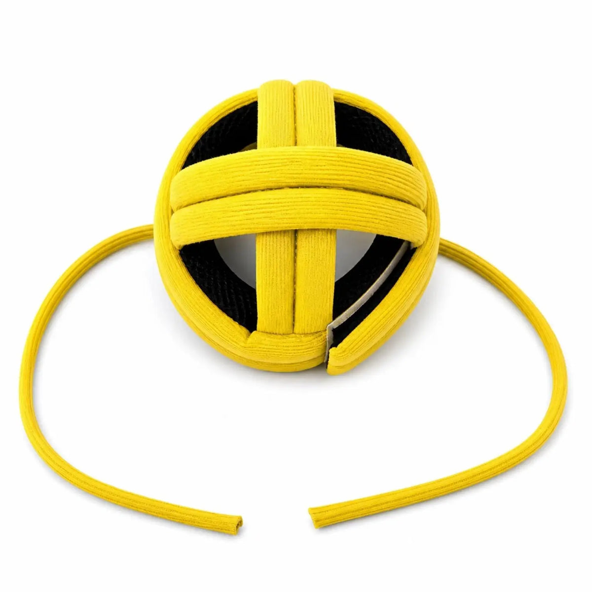 Yellow soft baby safety helmet top view with adjustable strap design