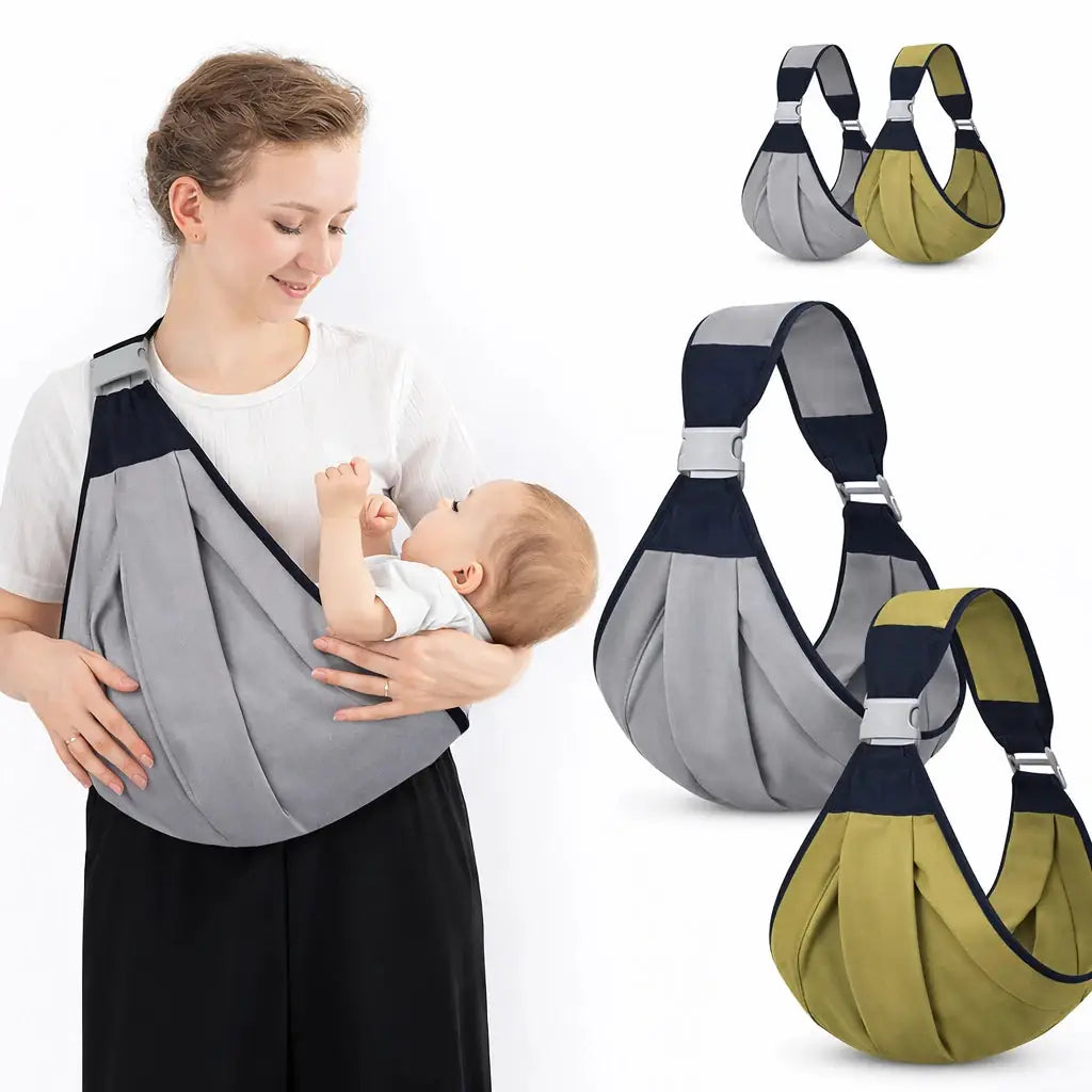 Adjustable baby sling carrier in grey and green