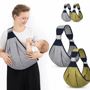 Adjustable baby sling carrier in grey and green