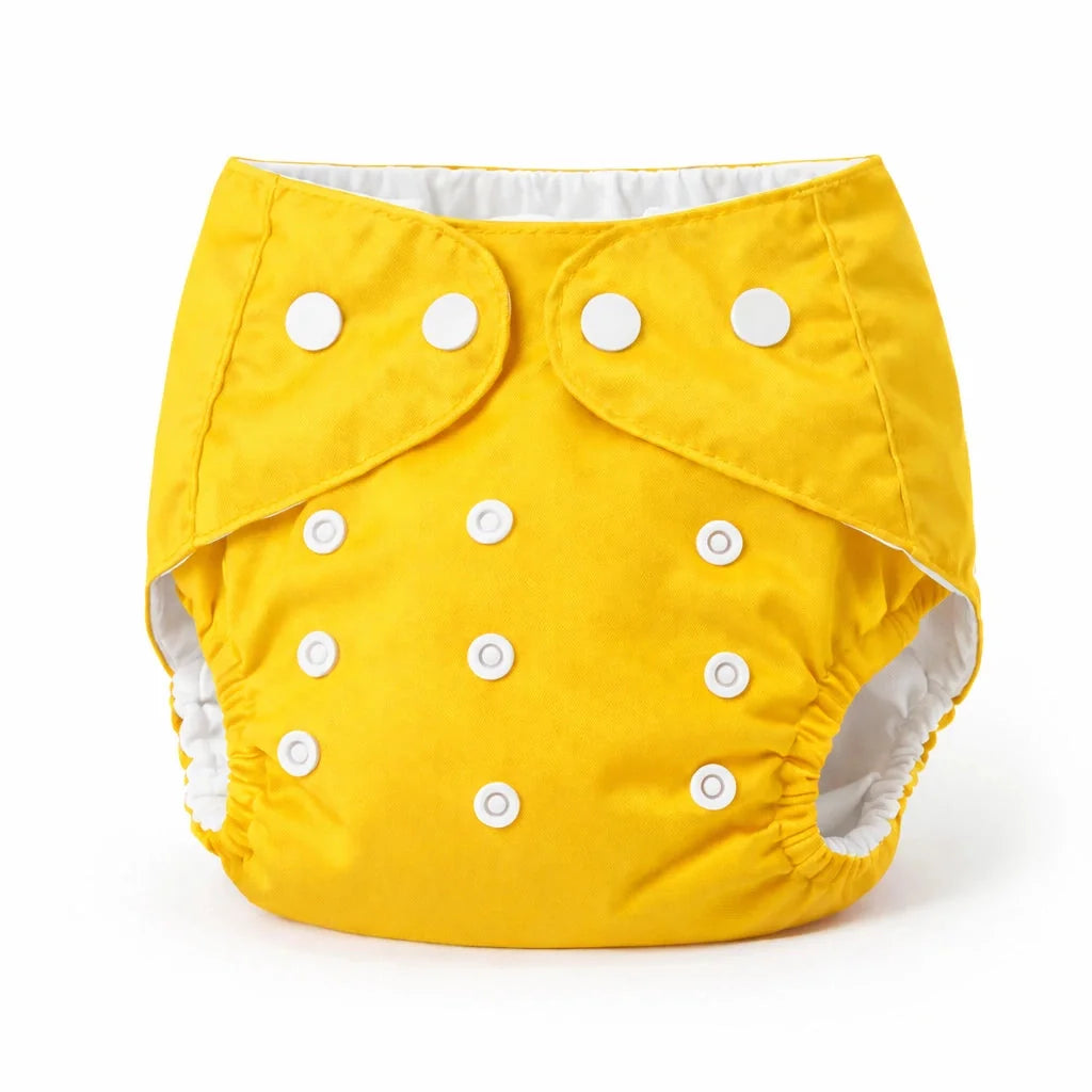 Yellow Polka Dot Reusable Baby Button Diaper Panty with Adjustable Fit and Inner Pocket