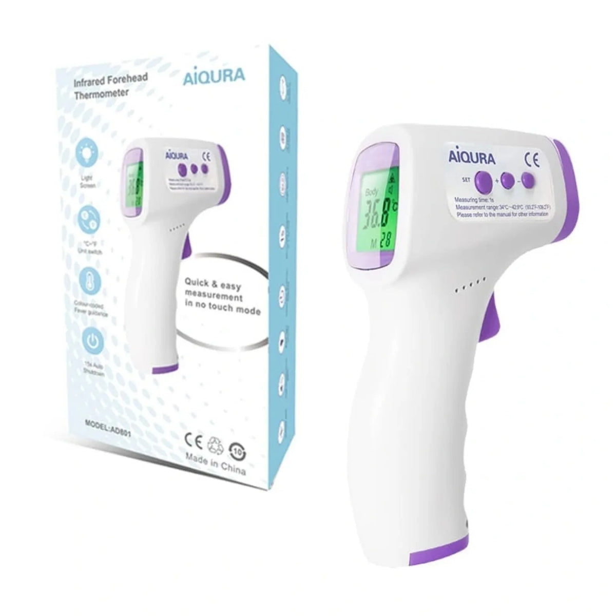 Digital infrared non-contact forehead thermometer with LCD display and retail box