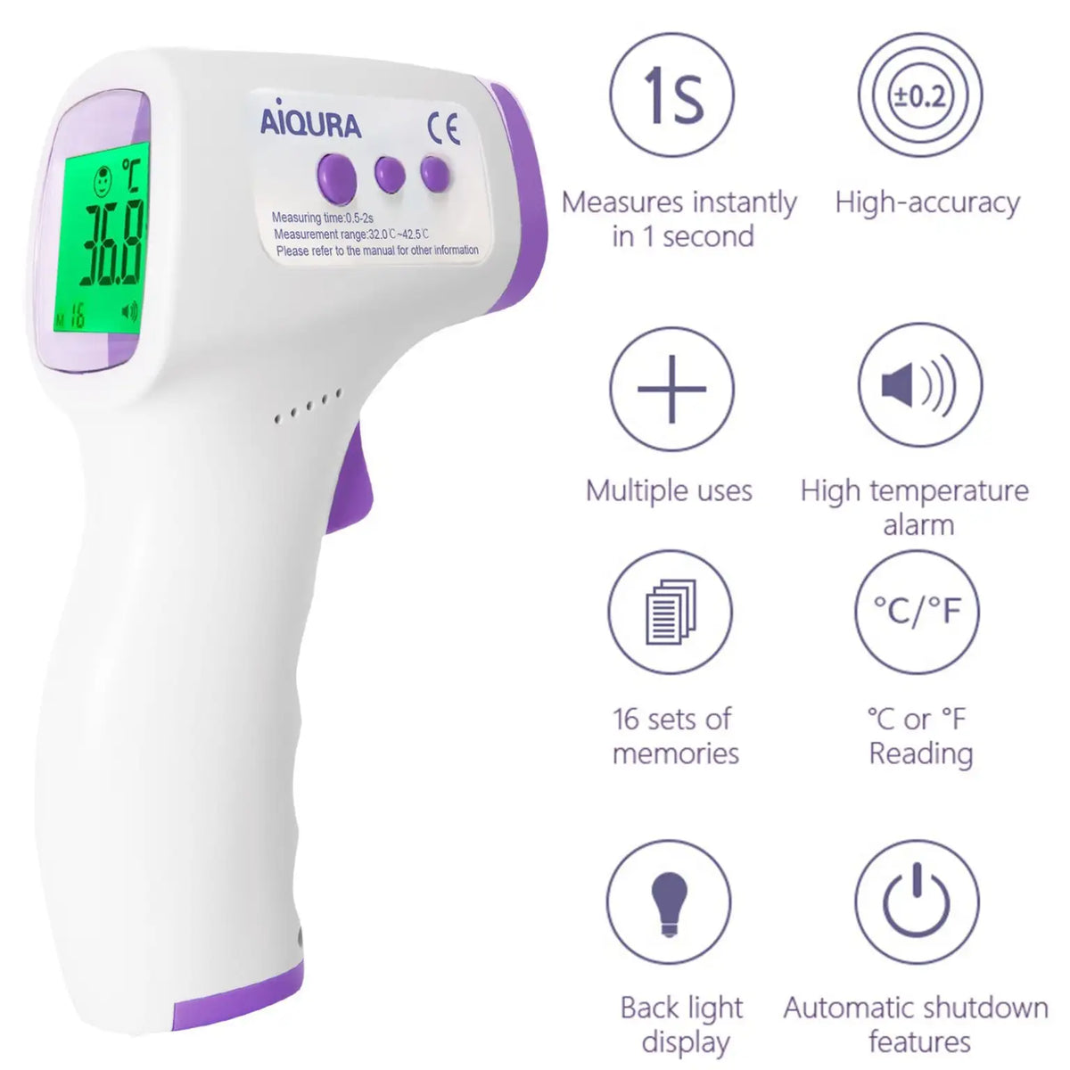 Digital infrared forehead thermometer side view with temperature scan button