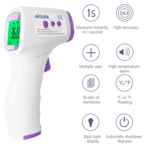 Digital infrared forehead thermometer side view with temperature scan button