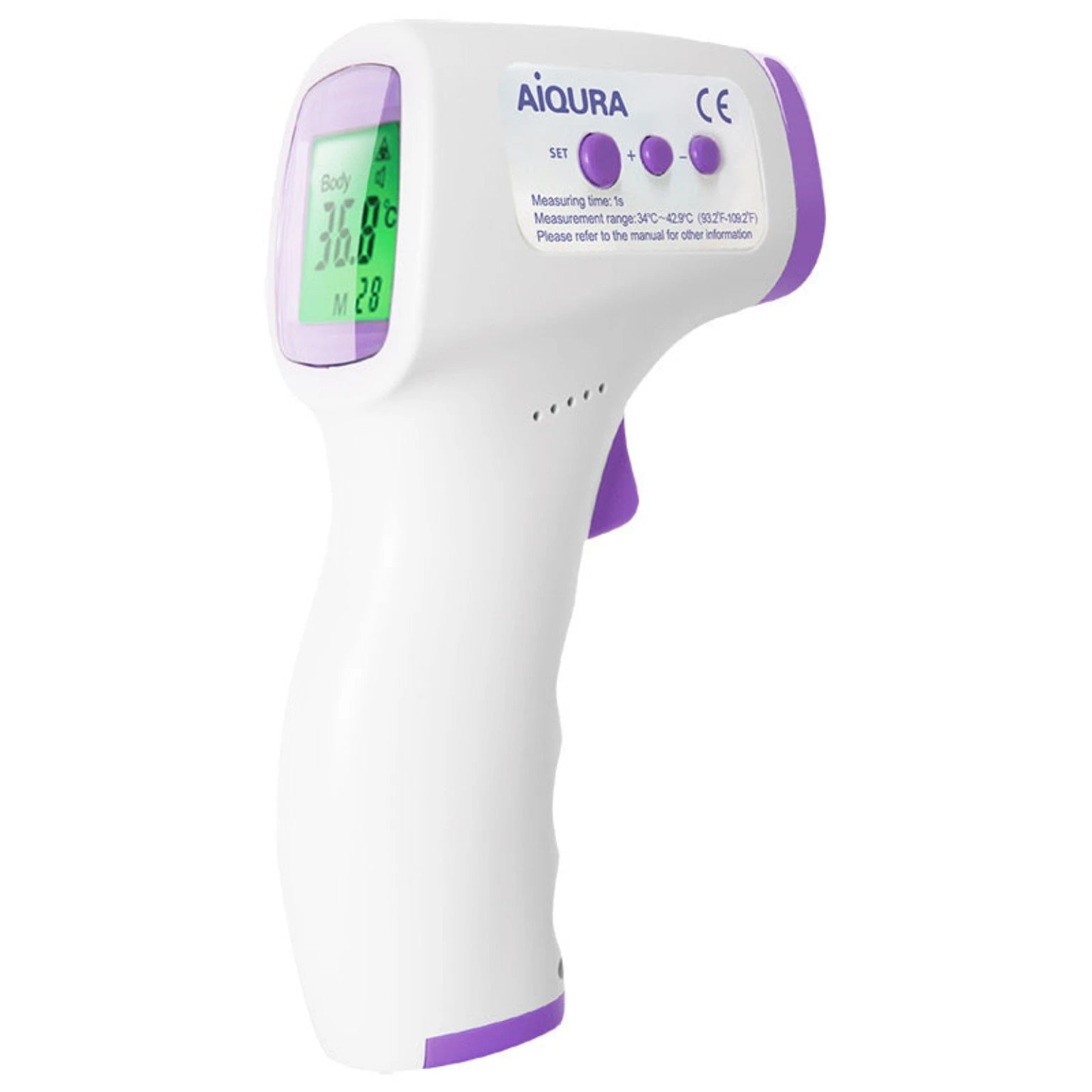 Non-contact digital infrared forehead thermometer front view with backlit screen