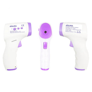 Digital infrared forehead thermometer showing large LCD temperature display