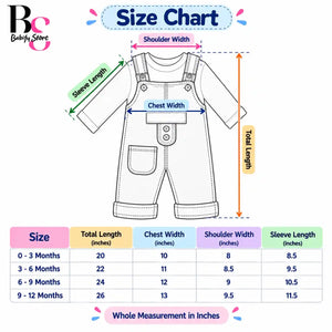 Babify Store baby dungaree romper size chart for 0–3, 3–6, 6–9 and 9–12 months with measurements in inches