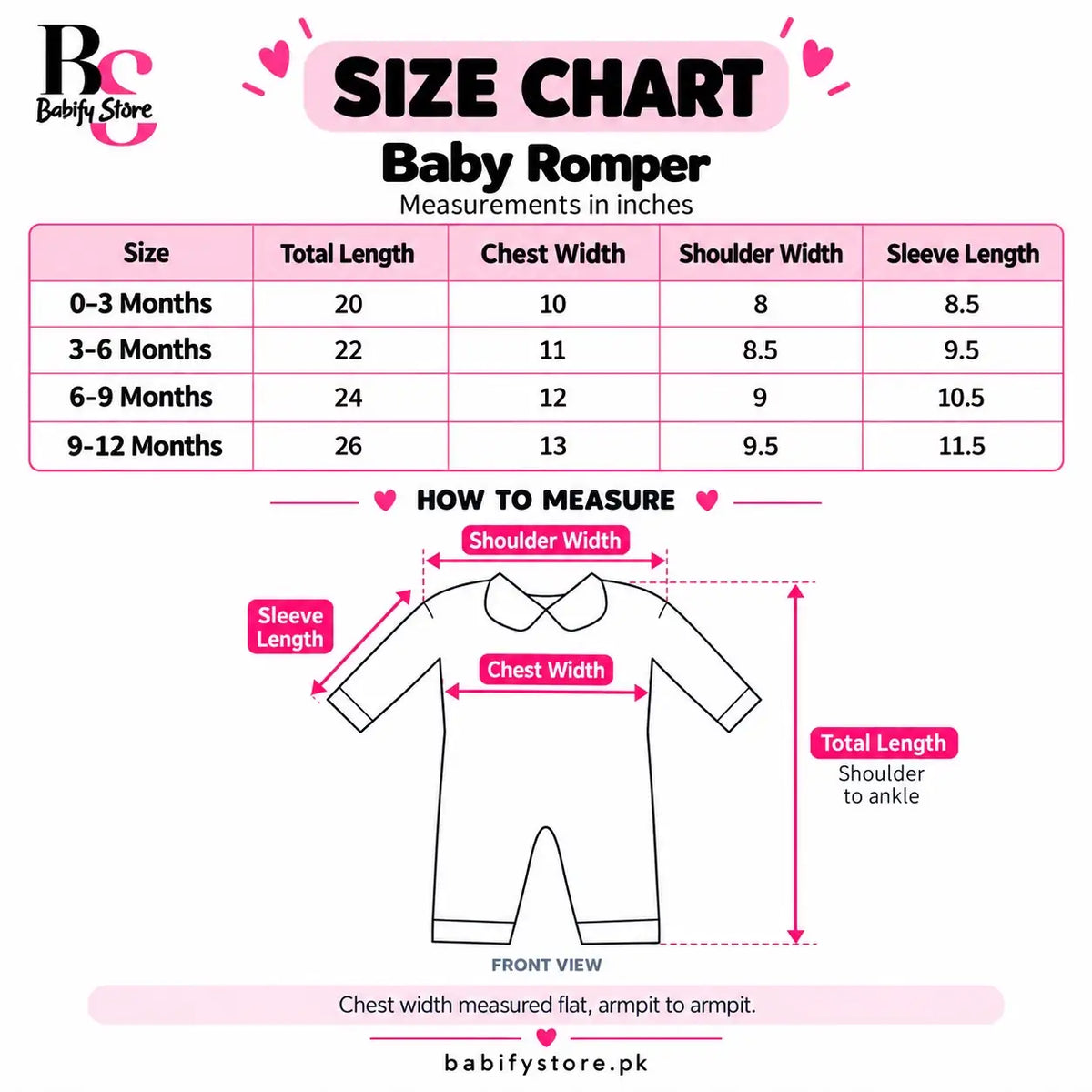 Baby Romper with Quilted Vest Dinosaur Green and White Size Chart – 0 to 12 Months Measurements in Inches