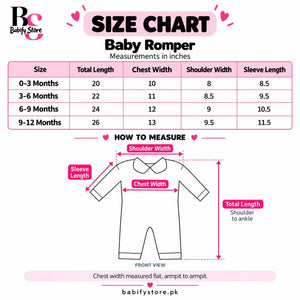 Baby Romper with Quilted Vest Dinosaur Green and White Size Chart – 0 to 12 Months Measurements in Inches