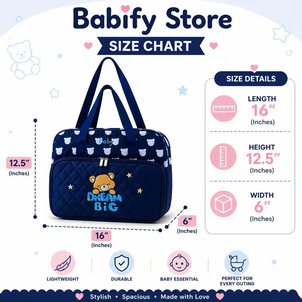 Premium teddy baby diaper bag features with free matching changing sheet