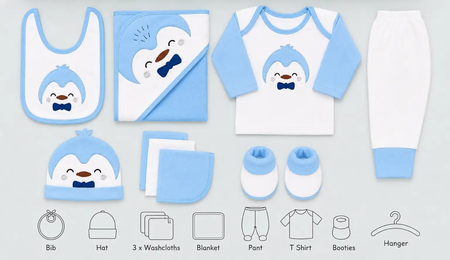 Sky Blue and White 10 PCS Winter Polar Fleece Baby Set with T-shirt pant blanket bib hat booties and washcloths
