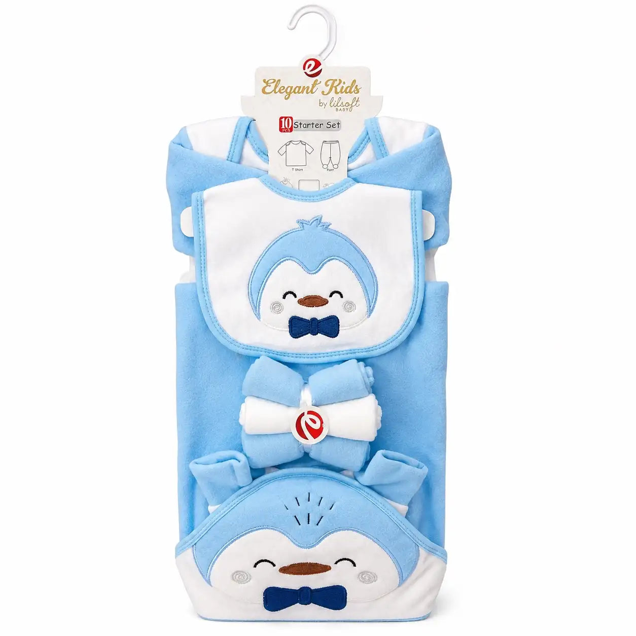 10 PCS Polar Fleece Winter Baby Starter Set Penguin Sky Blue and White with hanger