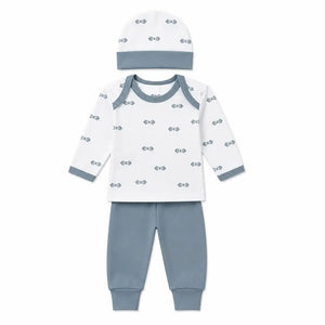 Blue grey baby 3 piece clothing set with bow print full sleeve shirt, pants and matching cap