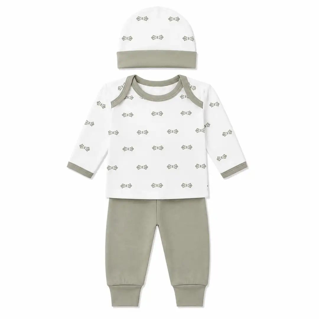 Grey baby 3 piece bow print clothing set with full sleeve shirt, pajama and cap
