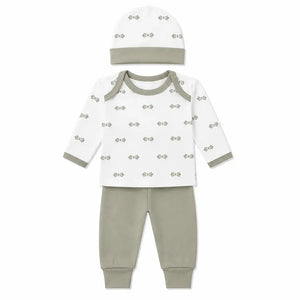Grey baby 3 piece bow print clothing set with full sleeve shirt, pajama and cap
