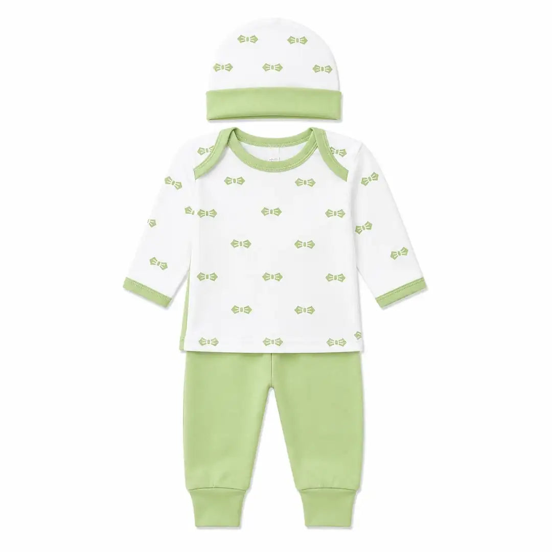 Light green baby 3 piece bow print clothing set with shirt, matching pants and baby cap
