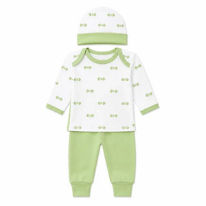 Light green baby 3 piece bow print clothing set with shirt, matching pants and baby cap
