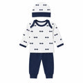Navy blue baby 3 piece bow print clothing set with white full sleeve shirt, pajama and cap
