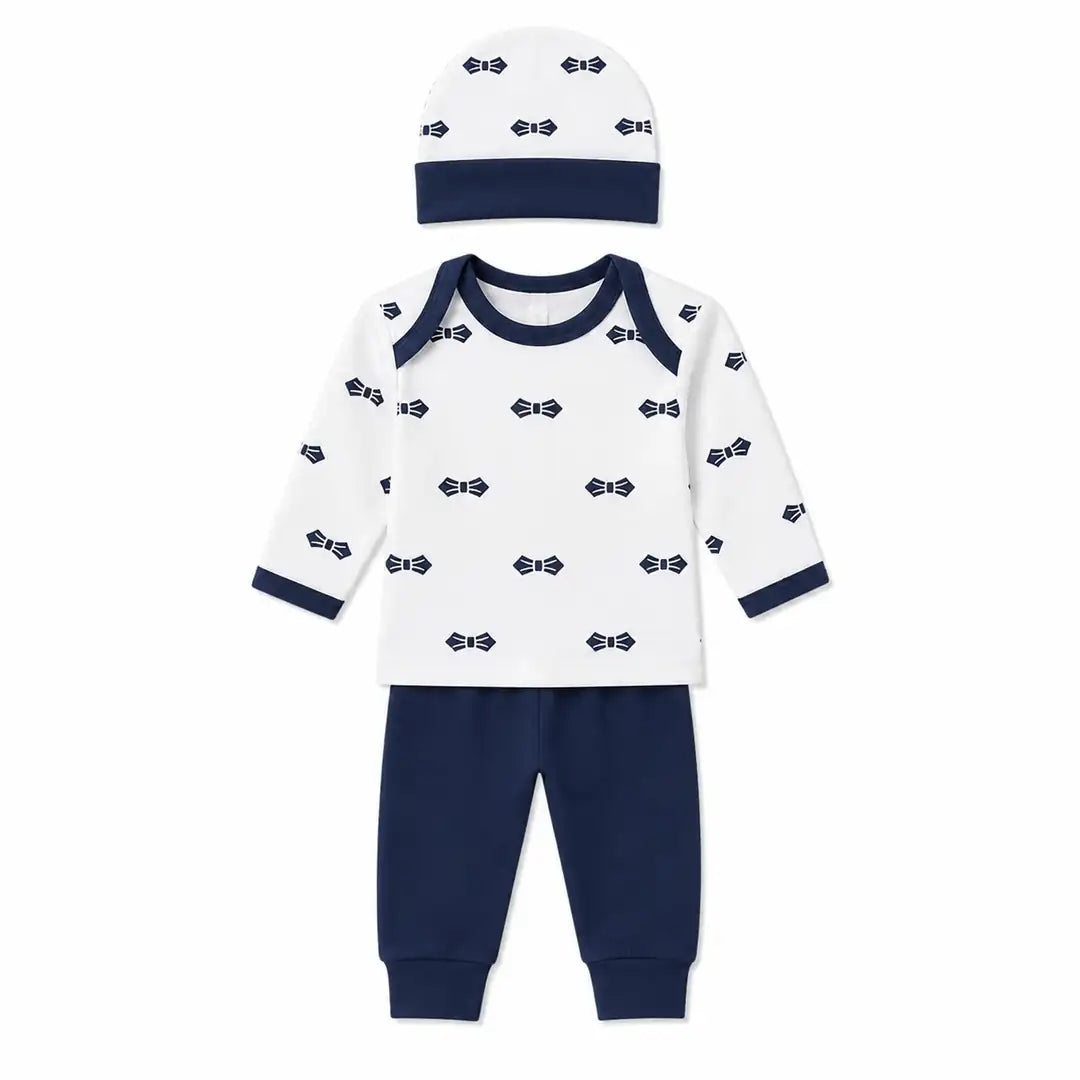 Navy blue baby 3 piece bow print clothing set with white full sleeve shirt, pajama and cap
