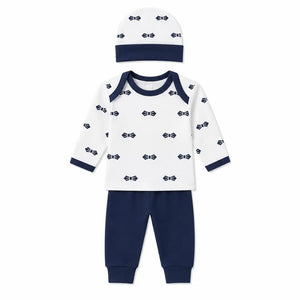 Navy blue baby 3 piece bow print clothing set with white full sleeve shirt, pajama and cap
