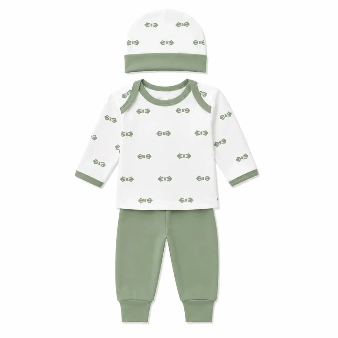 Sage green baby 3 piece clothing set with bow print full sleeve shirt, pajama and matching cap