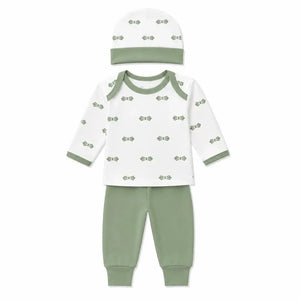 Sage green baby 3 piece clothing set with bow print full sleeve shirt, pajama and matching cap