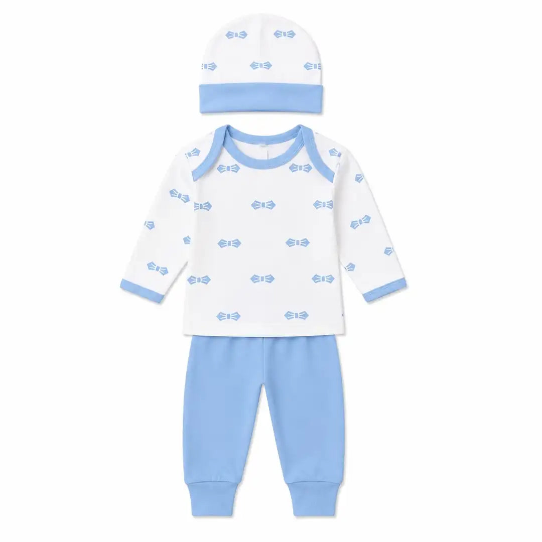 Sky blue baby 3 piece bow print clothing set with long sleeve shirt, pants and matching cap