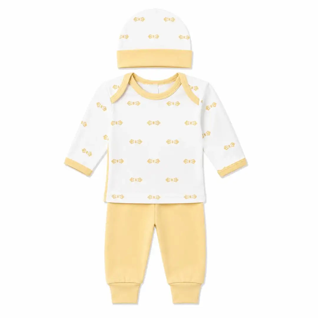Yellow baby 3 piece bow print dress set with long sleeve shirt, matching pajama and cap
