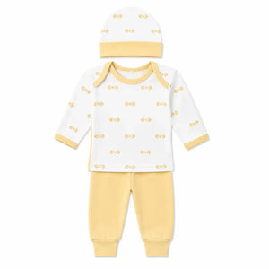 Yellow baby 3 piece bow print dress set with long sleeve shirt, matching pajama and cap
