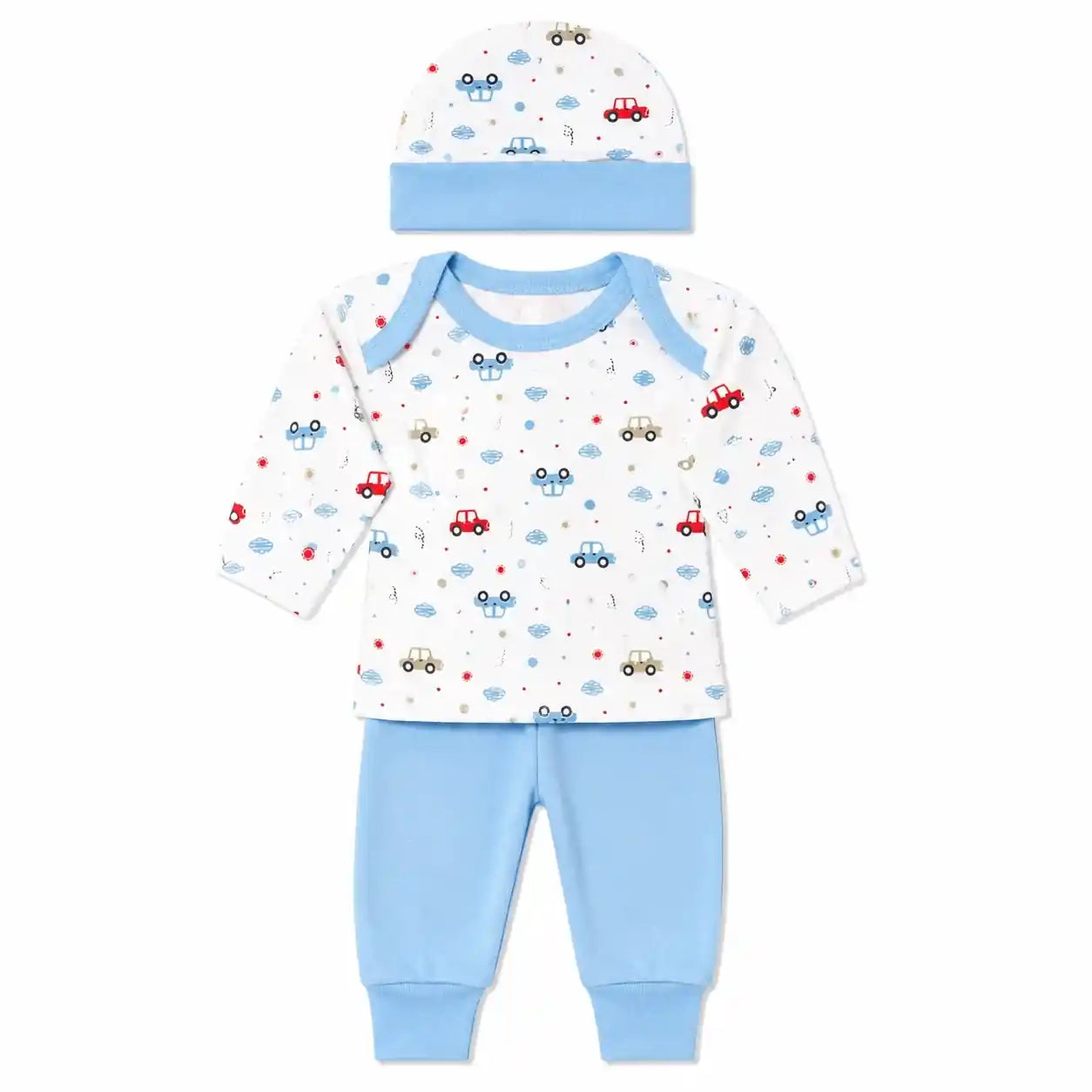 Baby 3 piece car print clothing set with cap shirt and baby blue pajama