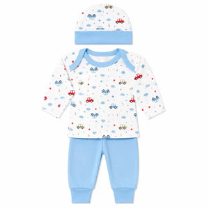 Baby 3 piece car print clothing set with cap shirt and baby blue pajama