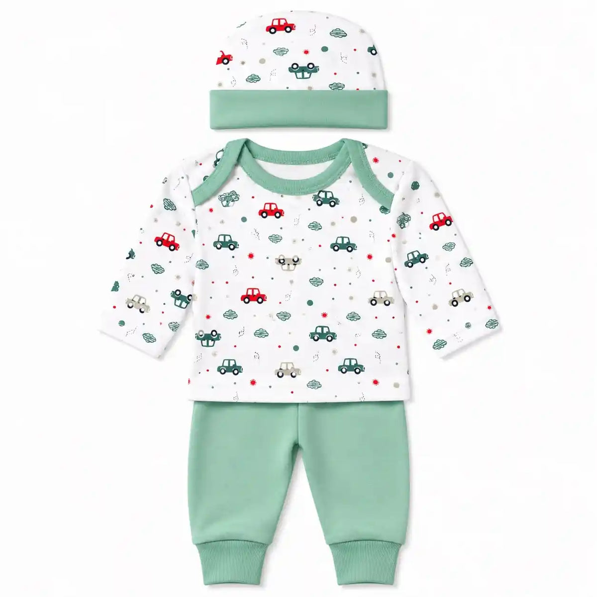 Baby 3 piece car print clothing set with cap shirt and mint green pajama