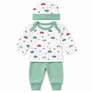 Baby 3 piece car print clothing set with cap shirt and mint green pajama