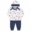 Baby 3 piece car print clothing set with cap shirt and navy blue pajama 