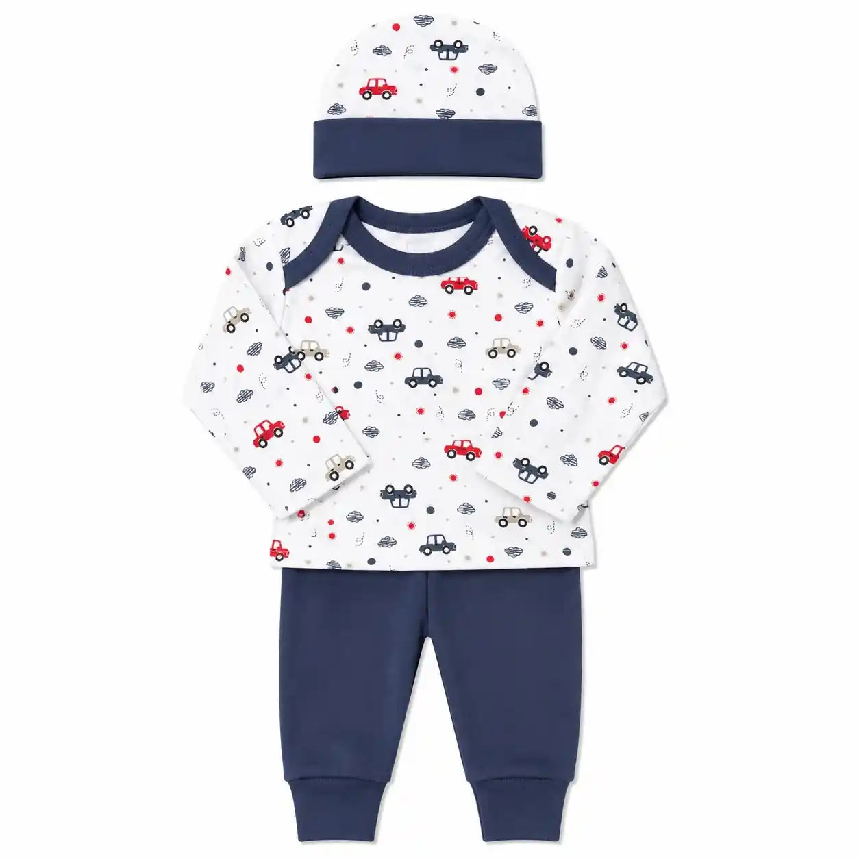 Baby 3 piece car print clothing set with cap shirt and navy blue pajama 