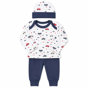 Baby 3 piece car print clothing set with cap shirt and navy blue pajama 
