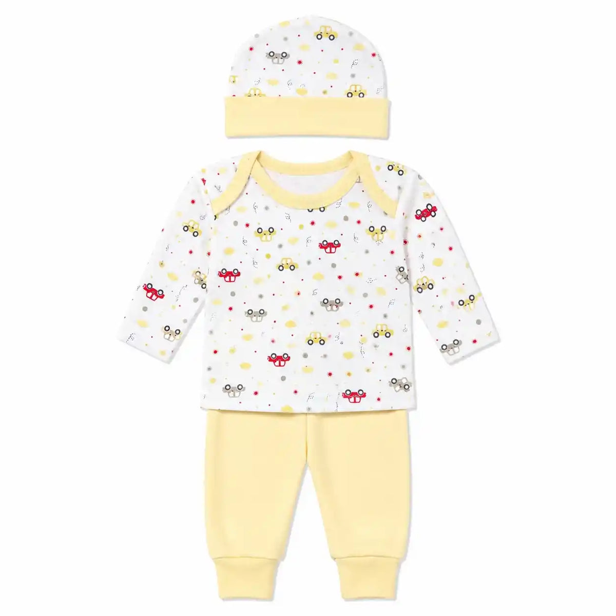 Baby 3 piece car print clothing set with cap shirt and yellow pajama