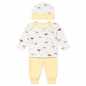 Baby 3 piece car print clothing set with cap shirt and yellow pajama