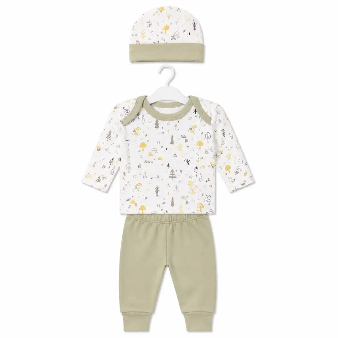 Beige baby 3 piece forest print clothing set with long sleeve shirt, matching pajama and baby cap