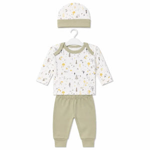 Beige baby 3 piece forest print clothing set with long sleeve shirt, matching pajama and baby cap
