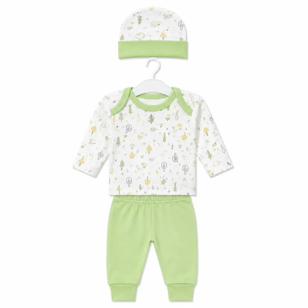 Light green baby 3 piece forest print clothing set with long sleeve shirt, pants and matching cap
