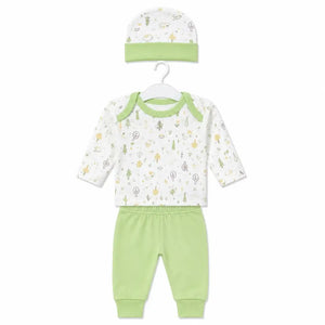 Light green baby 3 piece forest print clothing set with long sleeve shirt, pants and matching cap