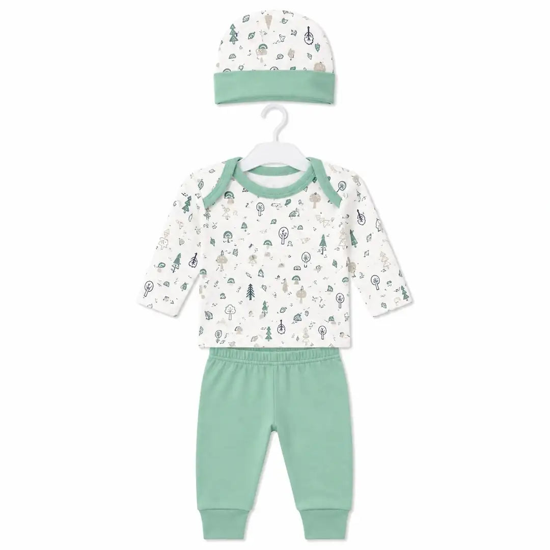 Mint green baby 3 piece forest print clothing set with printed full sleeve shirt, pants and matching cap
