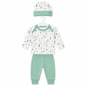 Mint green baby 3 piece forest print clothing set with printed full sleeve shirt, pants and matching cap

